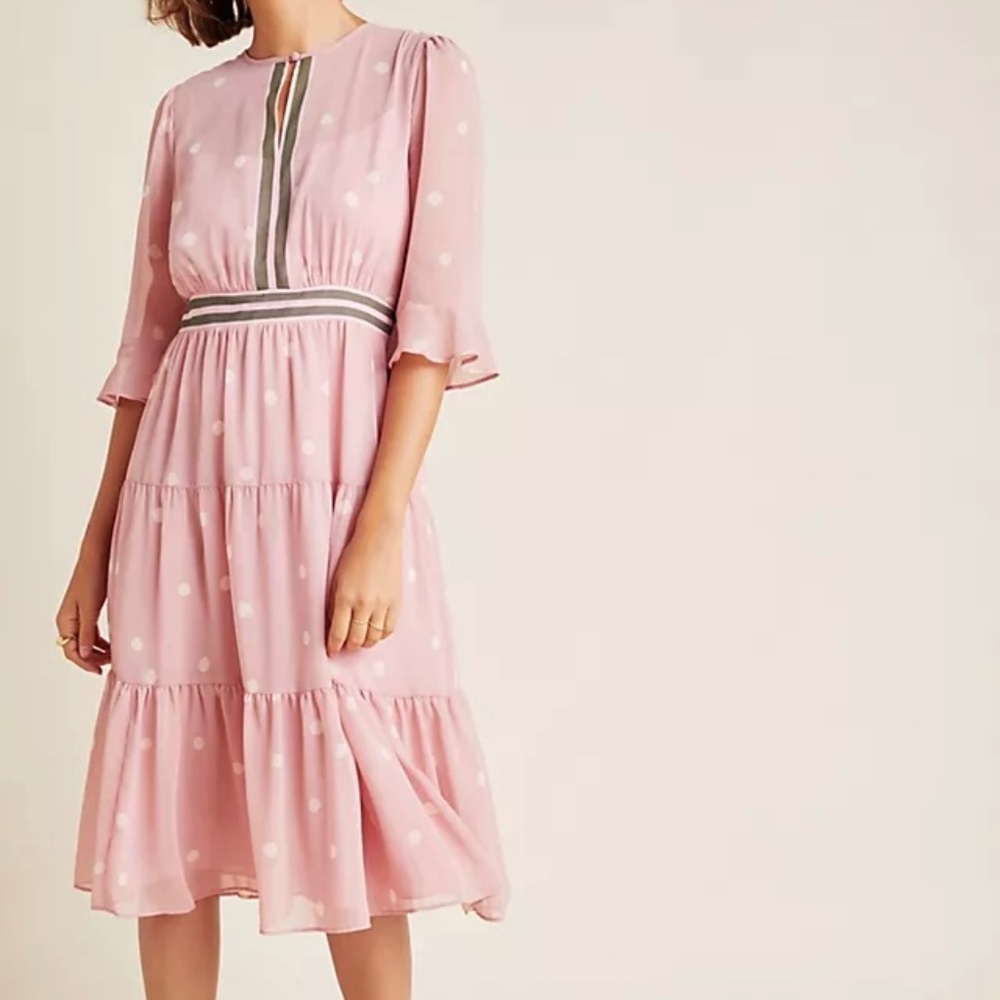 Gal Meets Glam Finely Polka Dot Tiered Midi Pink Dress Women's 4 Petite